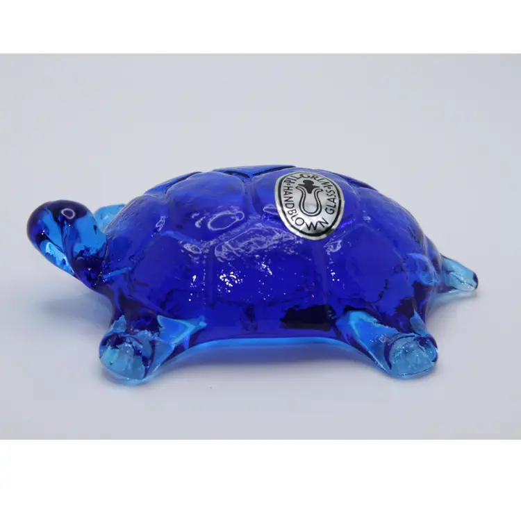 Vintage Blue Pilgrim Glass Turtle Paperweight Figure w/Sticker