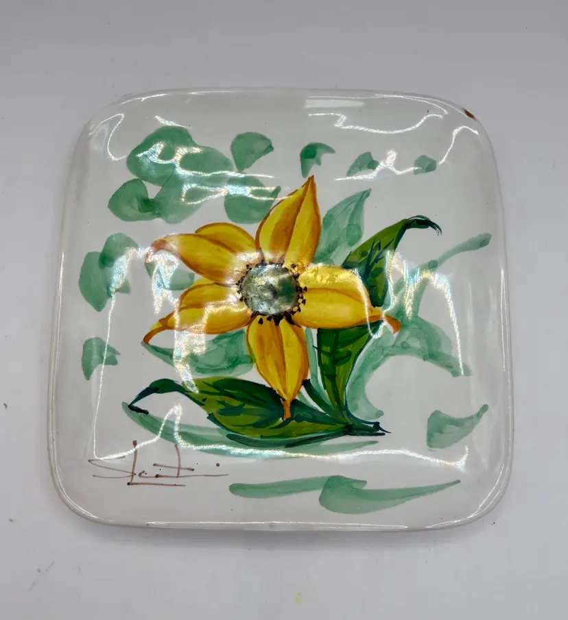 Vintage Italian Square Dish Trinket Yellow Flower 5”-ish *