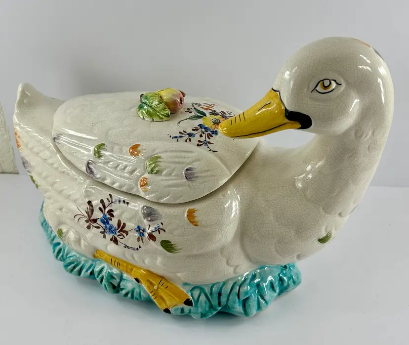 Vintage Bassano Majolica Ceramic Duck Cookie Jar Italy