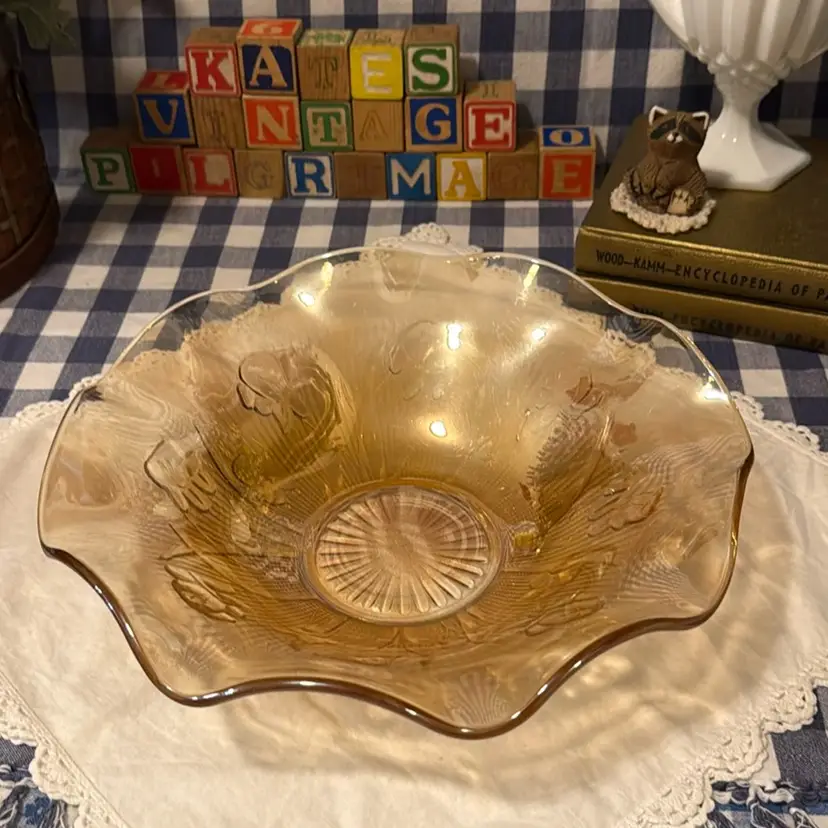 Jeannette Glass Iris and Chevron Iridescent Amber Ruffled Fruit Bowl