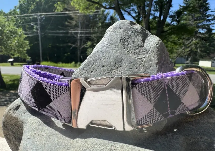 Dog Collar Plaid Purple Large Handmade Heavy Duty Metal Buckle NEW