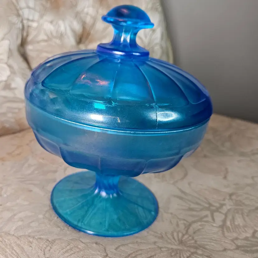 Vintage Fenton Art Glass Celeste Blue Iridescent Stretch Bon Bon Candy Dish Glows!