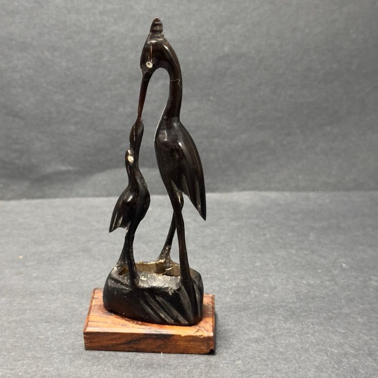#1503 Vintage Hand Carved Horn Crane Feedding Stork Bird Baby Egrets 6” Wood Base