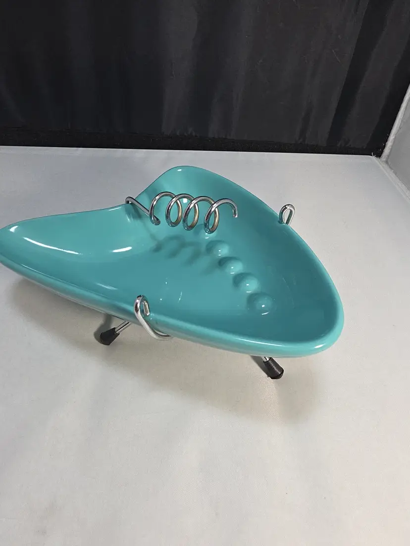 Vintage Retro OGGI Ceramic Ashtray w/ Chrome Stand Turquoise Atomic MCM (B2)