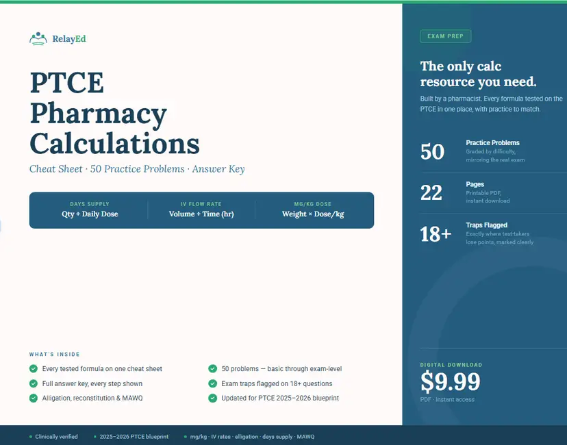 PTCE Pharmacy Calculations: Practice Guide + 50 Practice Problems & Answer Key