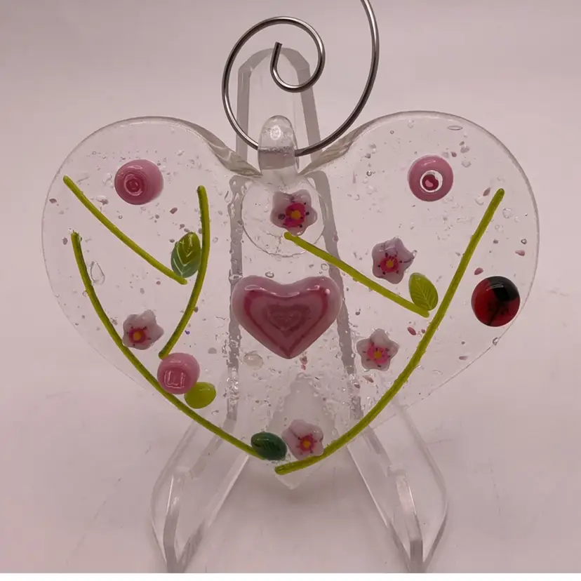 Made by Me! Fused Glass Ornament Heart with 3D Pink Heart & Ladybug 3" x 2.5" Handcrafted Studio Art