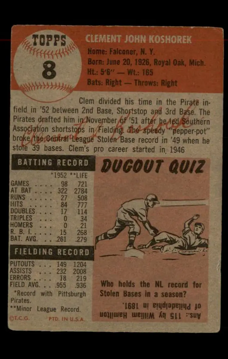1953 Topps #8 Clem Koshorek - (pk-tl1) - Pittsburgh Pirates