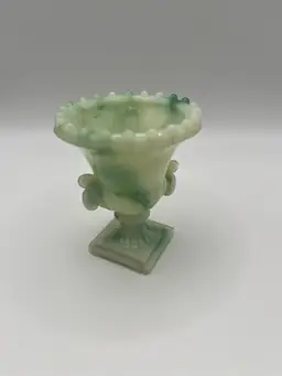 Vintage Akro Agate Green White Swirl Slag Glass Toothpick Matchstick Holder Urn Vase