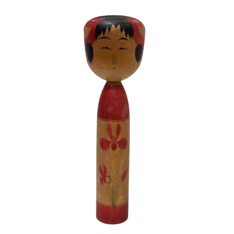 Vintage 14” Kokeshi Doll With Red Flower.  Signed.