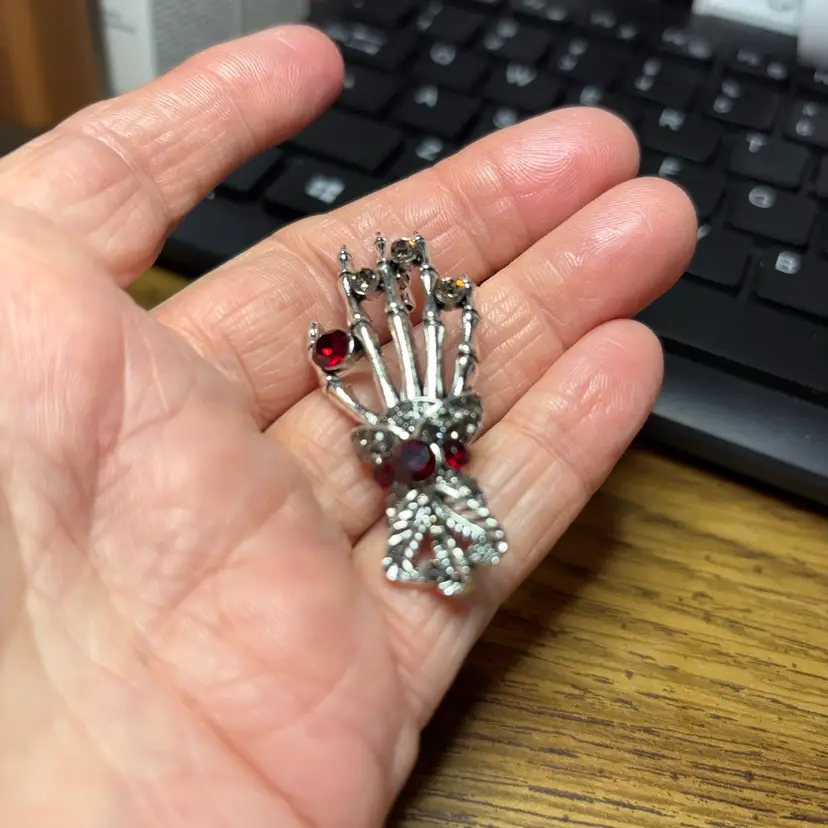 Skeleton Hand, Silver Tone With Red Gemstones