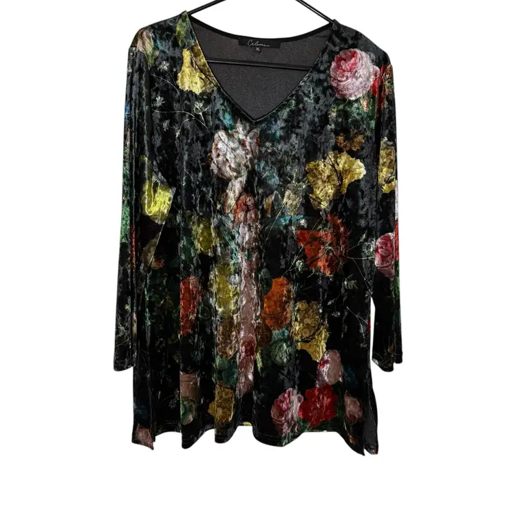 Calessa Floral Velvet Black Multi Tunic Pullover 3/4 Sleeve Top XL Whimsigoth