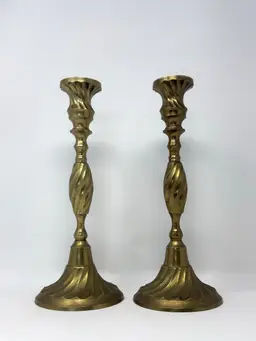 19 - Vintage Brass Candlesticks - Hollywood Regency Swirl Design - 11.5 Inch Tall Pair