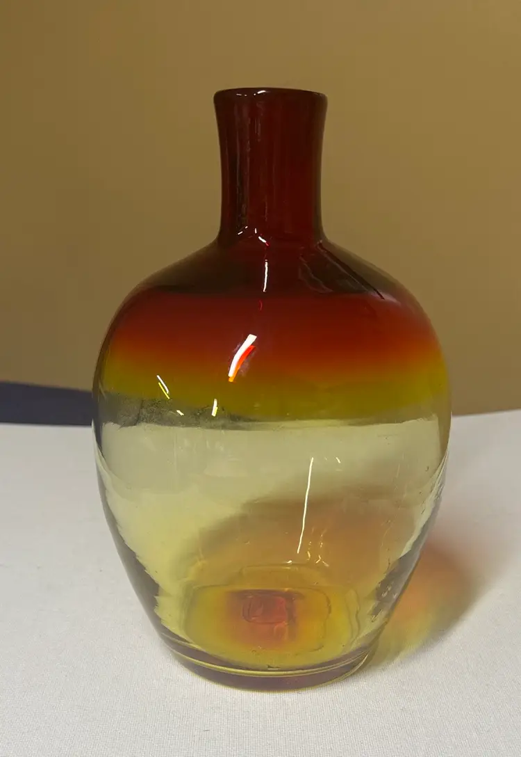 Blenko Tangerine Amberina Red & Yellow Glass Bottle Decanter #7321 Hand Blown 9”