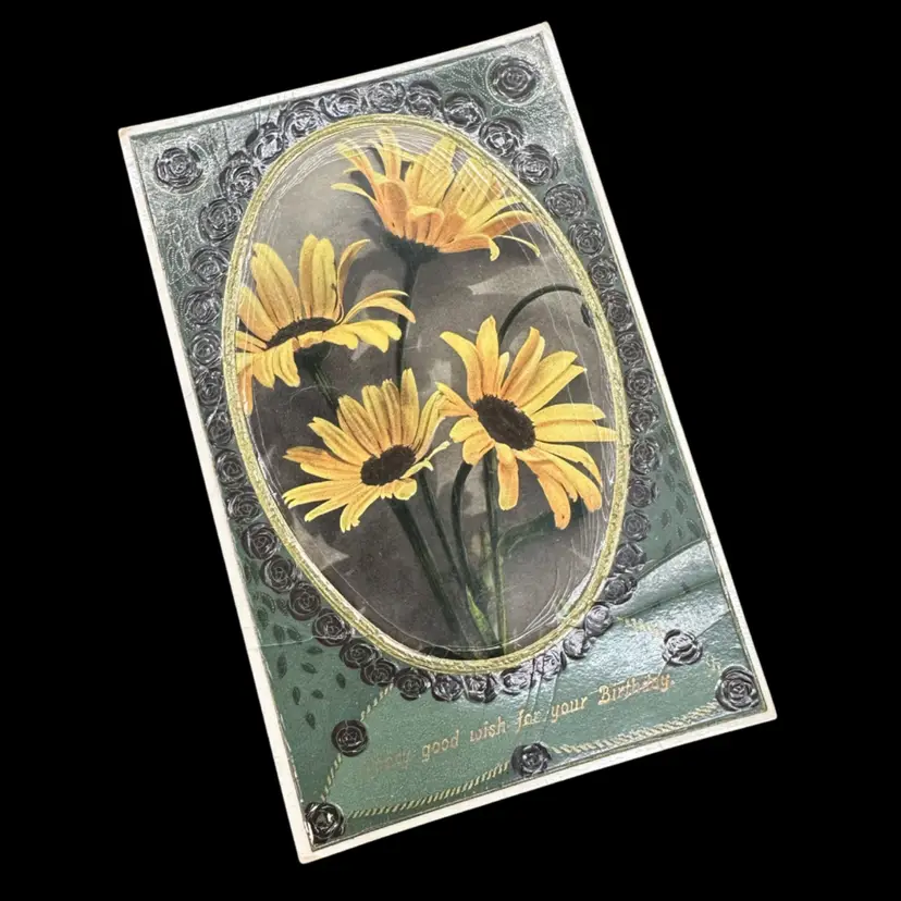 Black Eyed Susan Floral Vignette Dark Green Rose Embossed Border Antique Postcard, Posted 1912