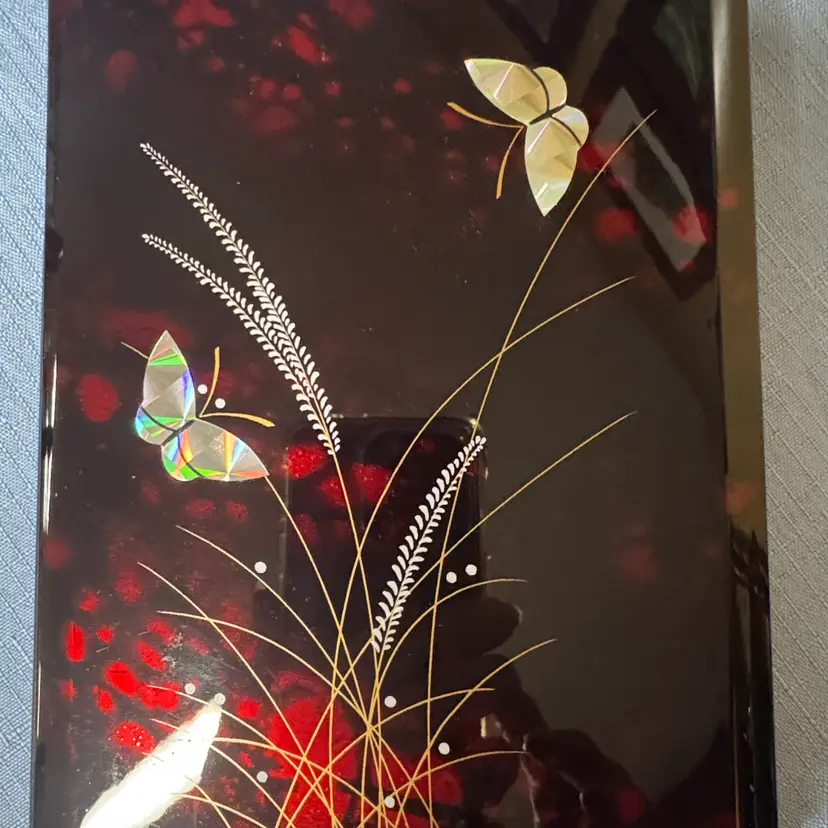 Japanese address book red lacquerware cover mother-of-pearl inlay butterflies