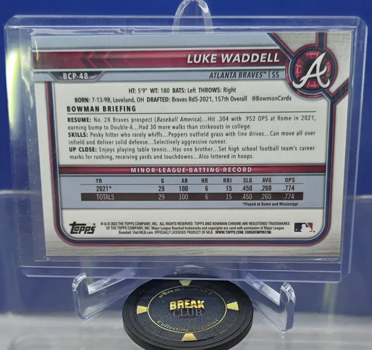 Luke Waddell 2022 Bowman Chrome Prospects Aqua Refractor 059/125  #BCP-48 Atlanta Braves