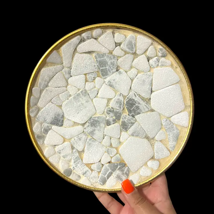 Mid Century Mosaic Plate – 8.5” Round Tray – White & Gray Stone Tile Inlay – Gold Back – Retro Wall Art or Catchall – MCM Decor