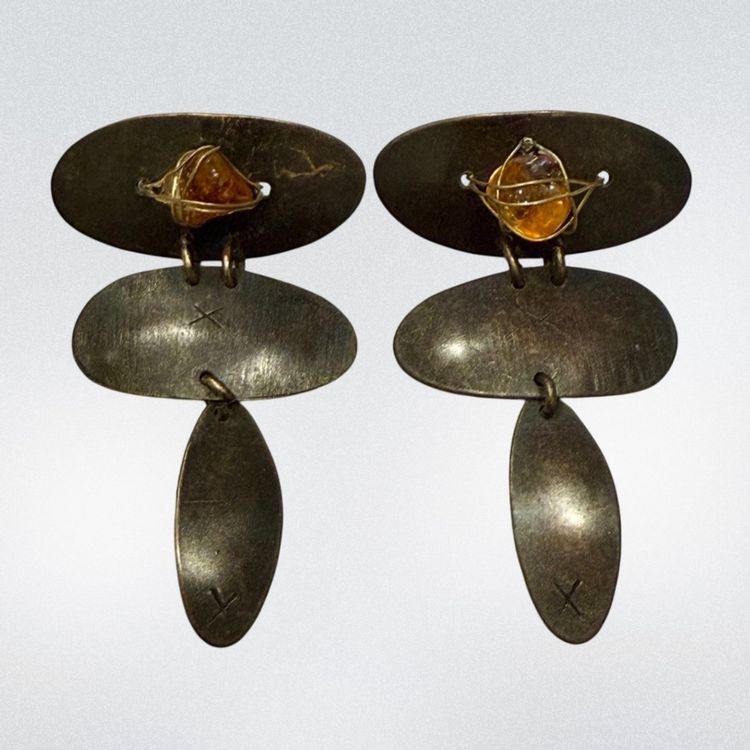 Artisan Made Metal Genuine Amber Modernist Dangle Earrings 2.5”