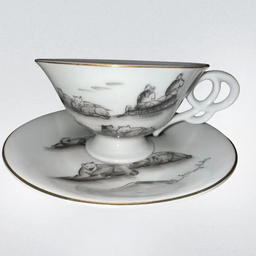 IAAC Robert Mayokok Cup and Saucer 1960 Alaska Eskimo Sled Dogs Porcelain Signed