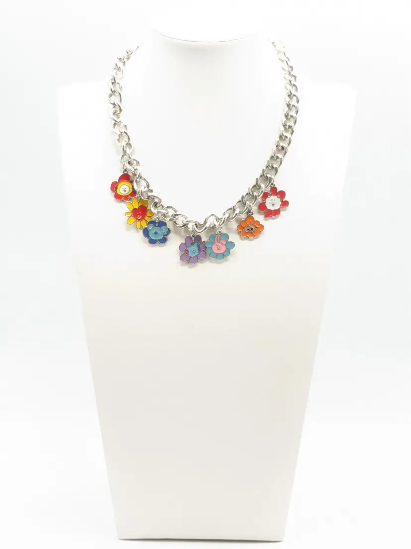 Colorful Flower Charm Chain Necklace Silver Tone BT21 .