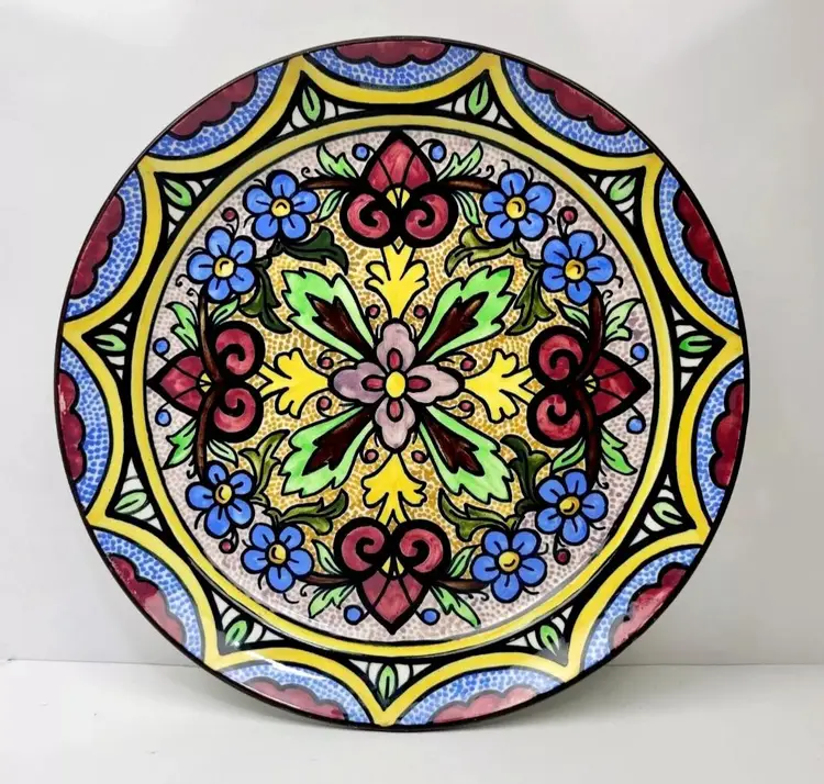 Vintage Spanish Decorative Plate Handmade Glazed Ceramic Floral Wall Hanging 14"