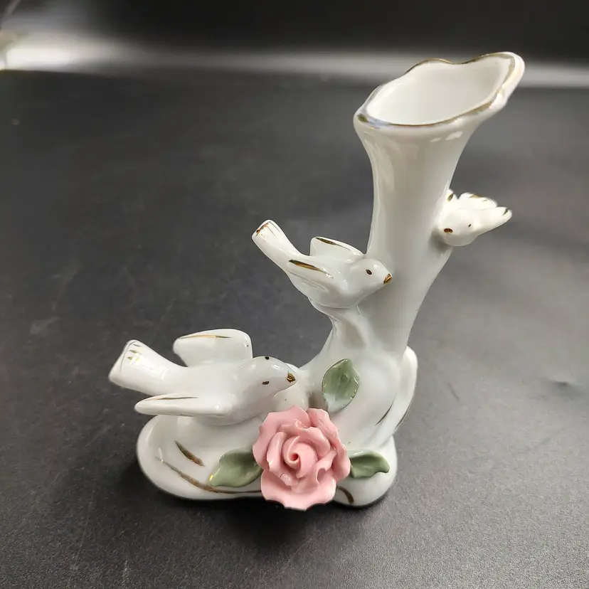 Porcelain Birds With Applied Rose Bud Vase