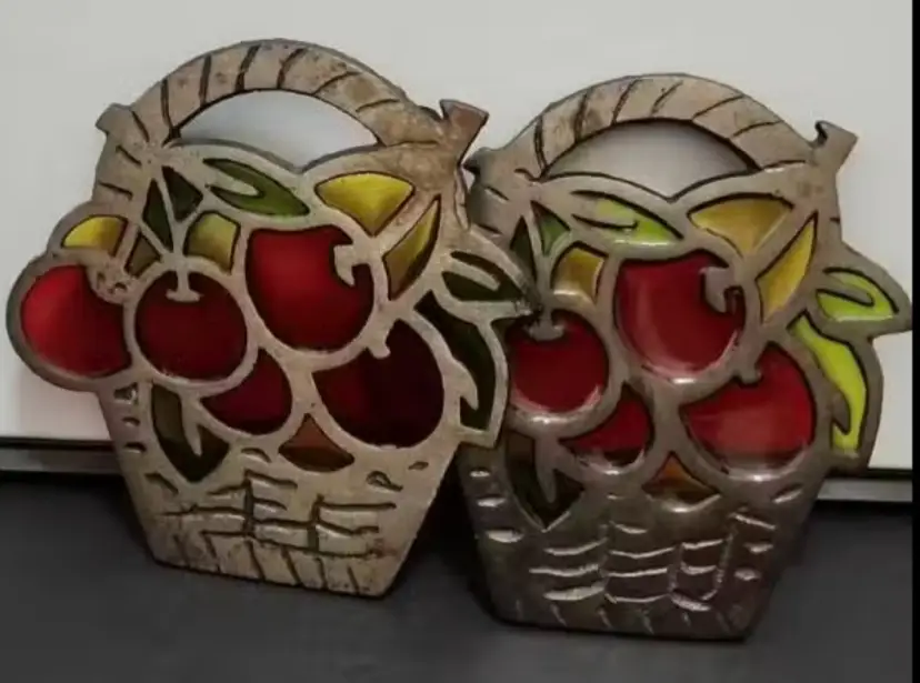 Vintage Fruit/Cherry Basket Stained Glass Cast Iron Footed Trivet Pair