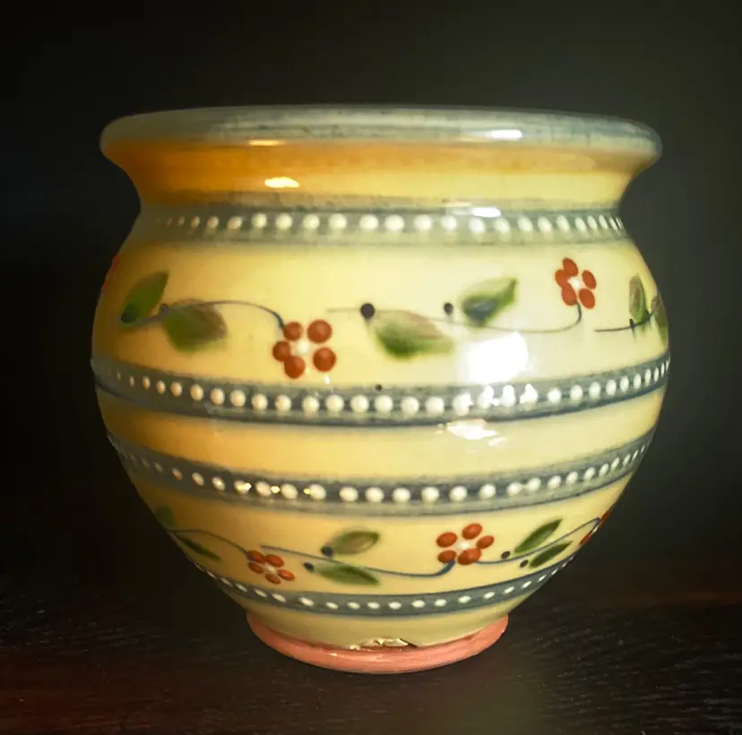 Yellow Glazed Hand Painted With Red Flowers Art Pottery Ceramic Vase, Flower Pot, Planter, Jar. Mountain Makers Mark Stamped Made In France. Vintage