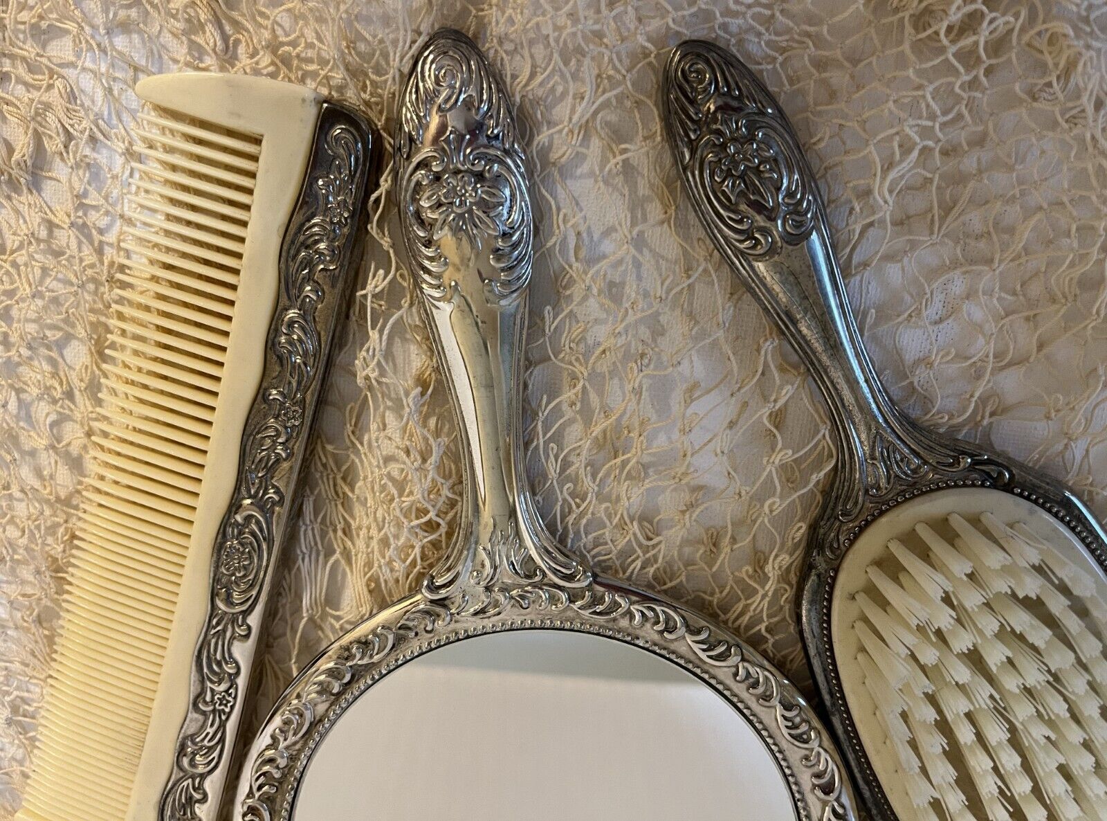 Vintage Silver Plated Hand Mirror, Brush and Comb Vanity Set