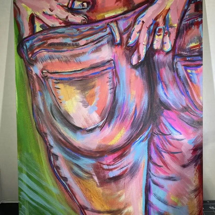 16x20 Hand Painted OOAK Pink And Purple Hand In Rear Pocket Jeans Painting