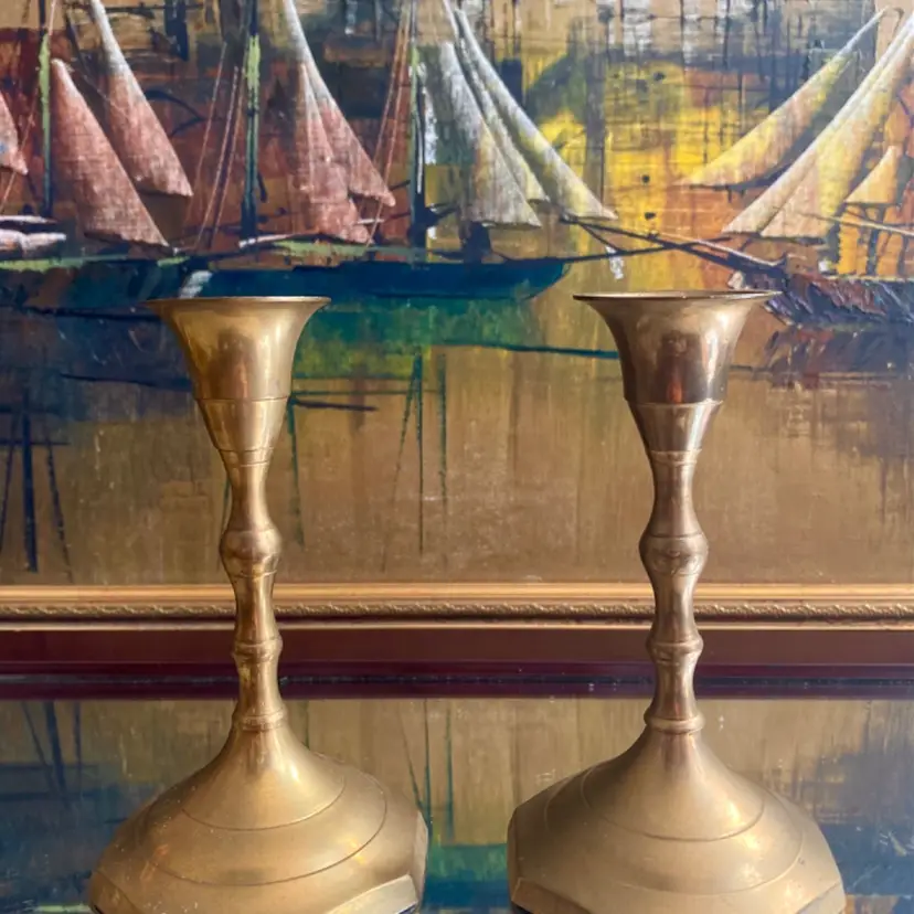 Brass Colonial Style Candlestick Holders with Geometric Octagon Base