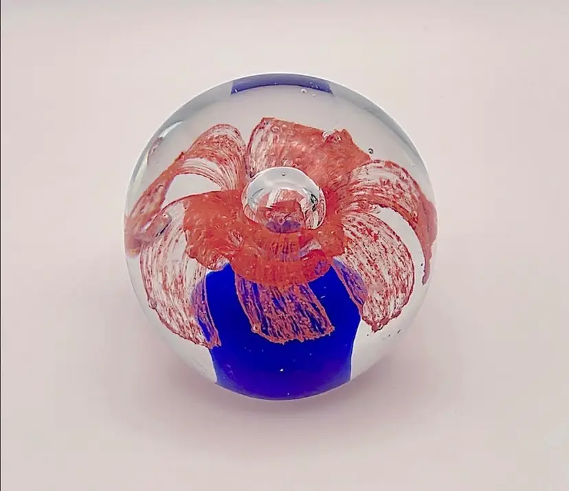 Vintage, Handmade Art Glass, Orange Flower/Cobalt Blue Paperweight, 2.5” 
(A)