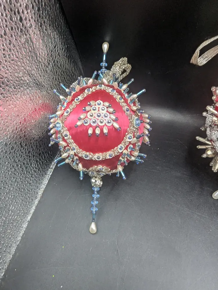 Vintage Lot of 4 Handmade Beaded and Sequined Push Pin Ornaments