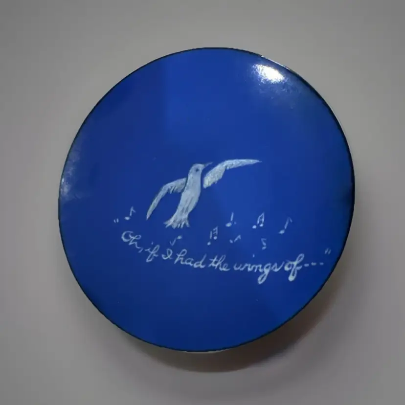 VTG Enamel on Copper 7” Dish Blue w/ Bird “Oh If I Had the Wings Of”