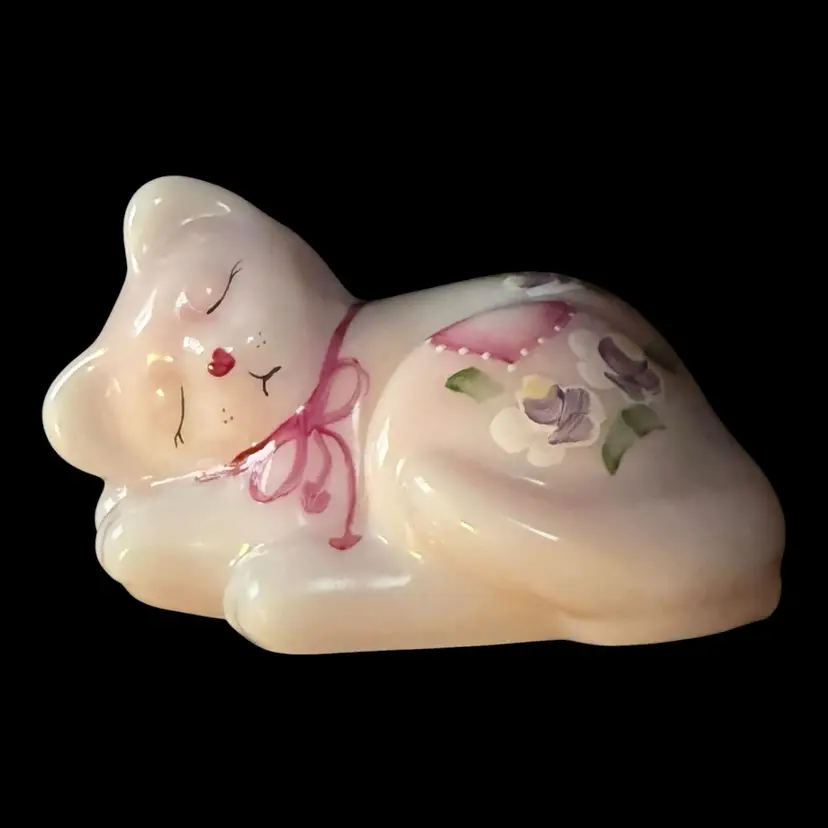 Fenton Glass Rosaline Hand Painted Floral Sleeping Cat Kitten Figurine 3”