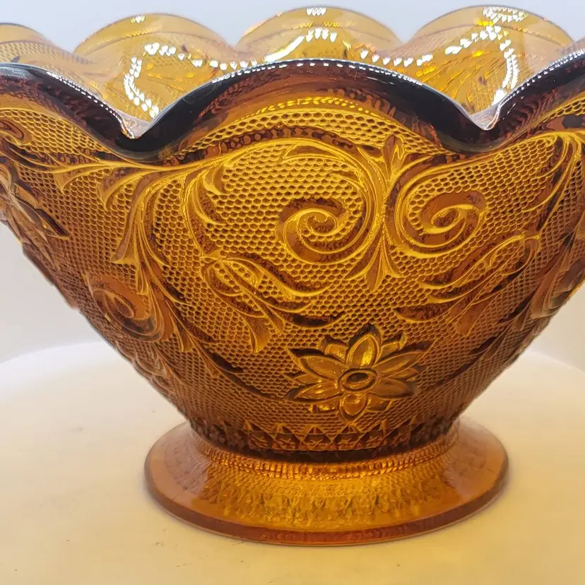 Vintage Amber Indiana Glass Tiara Sandwich Ruffled Footed Console Fruit Bowl with Floral Design 10 x 5"