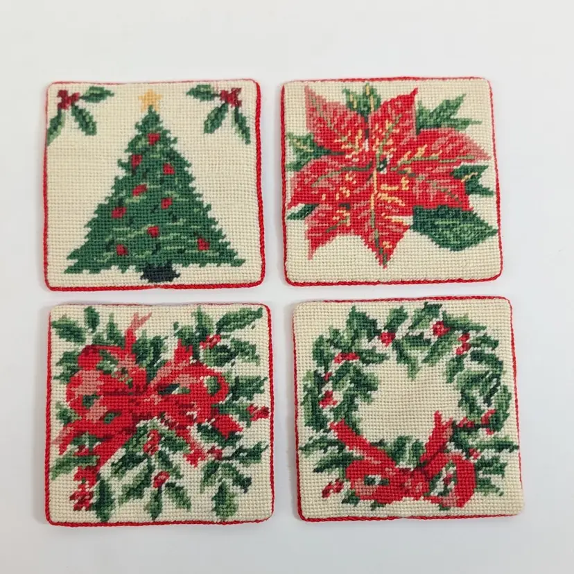 Vintage Christmas Wool Needlepoint Coaster Set of 4 Christmas Tree Poinsettia Wreath
