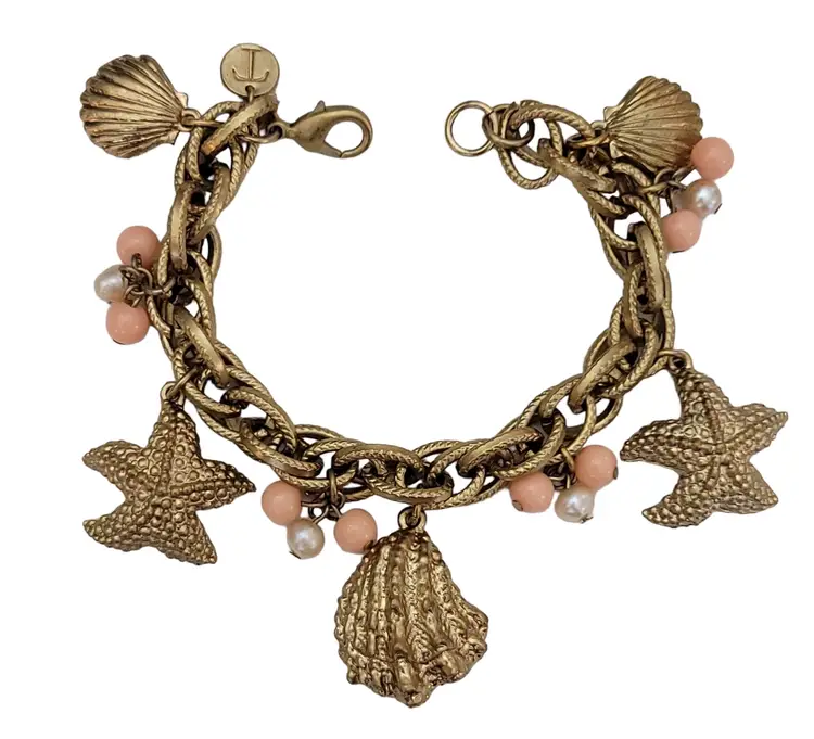 Talbots Gold Tone Sea Shell Starfish Genuine Pearl Pink Bead Charm Bracelet 7.5” Long K204