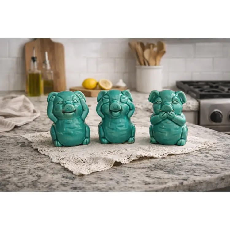 Mid Century Three Wise Pigs – Vintage Made in Japan Teal Kitchen Shelf Decor