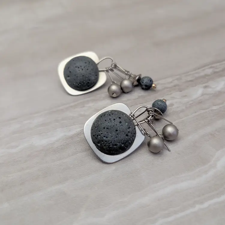 Vintage Clip On Earrings Large Statement Dangle Silver Tone & Muted Dark Blue