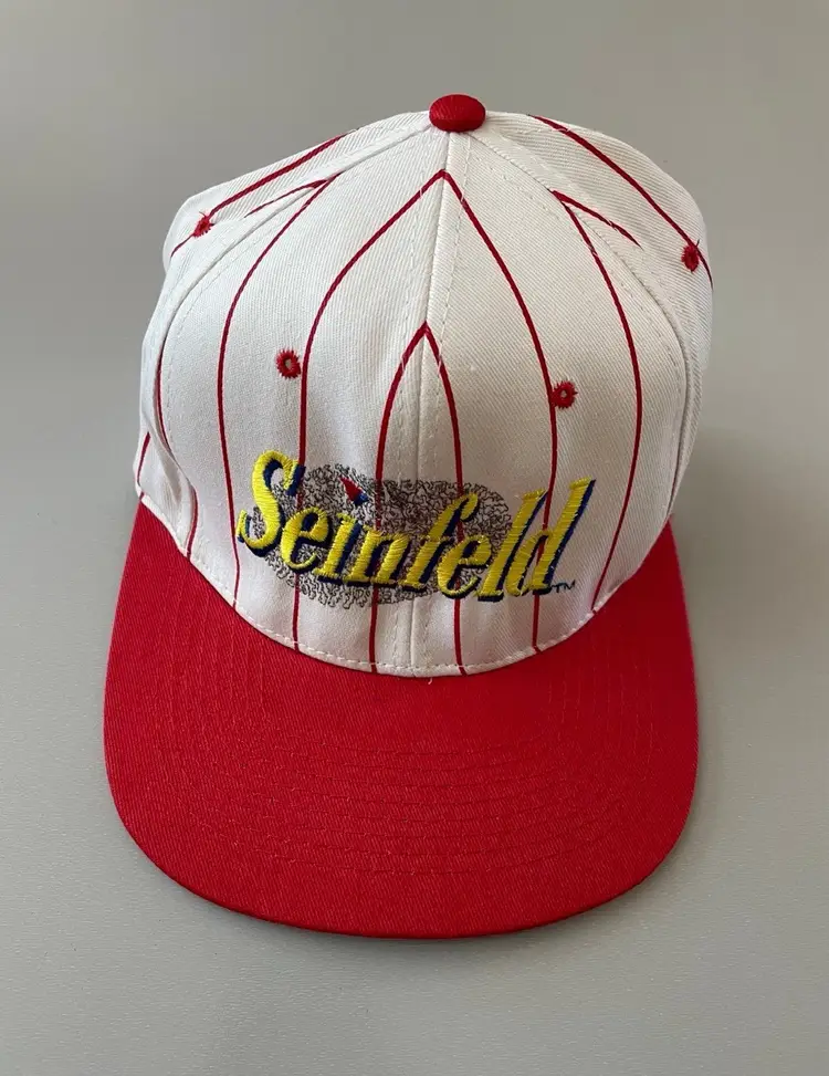 Vintage KC Caps Seinfeld TV Show Logo Snapback Hat White Pinstripe 1990s RARE!!
