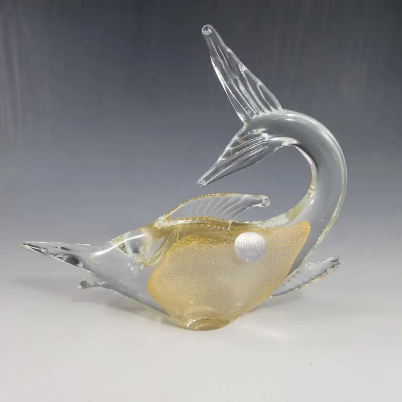 VTG Murano Blown Glass Swordfish Marlin Gold Fleck Aventurine Sommerso Figurine Scarl Campanella w Label - Italy