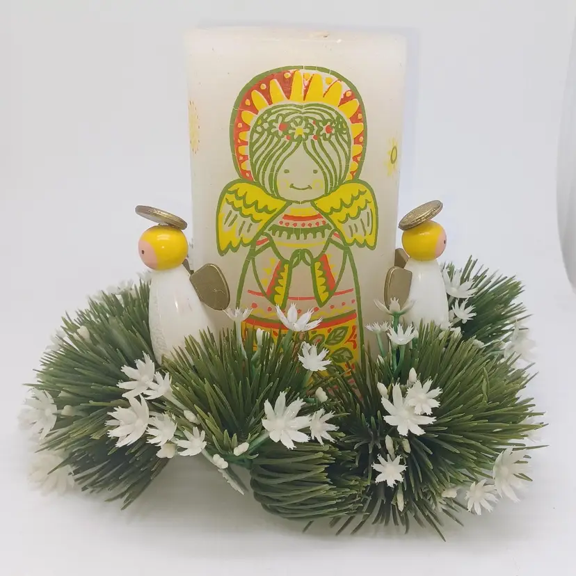 Vintage Silkscreen Angel Candle with Plastic Angel Pine Holder 1960s Kitsch