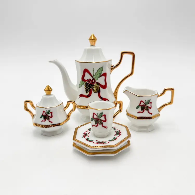 Christmas Mini Tea Set Porcelain Teapot Creamer Sugar Cup Saucer Gold Accent