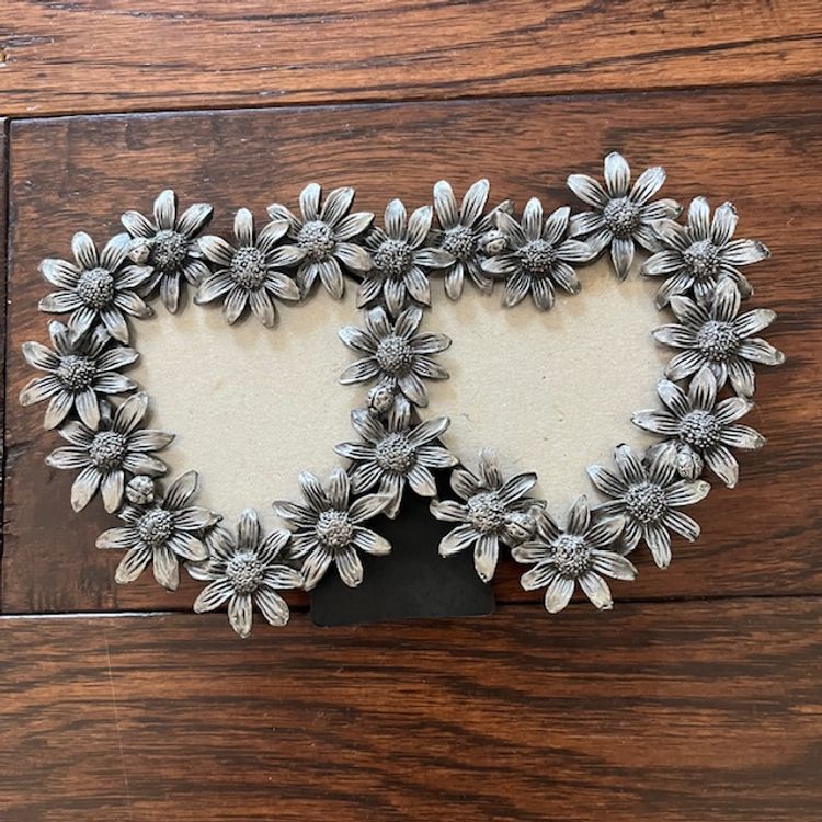Double Heart Metal Frame Flowers and Lady Bugs Holds 2.5" x 2.5" Photo