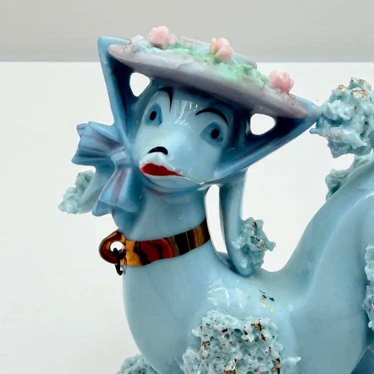 Blue Vintage Ceramic Spaghetti Poodle In Hat Figurine