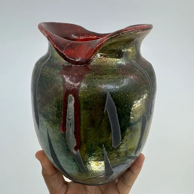 Raku Pottery Gorgeous Iridescent Glaze Vase Marked 7”