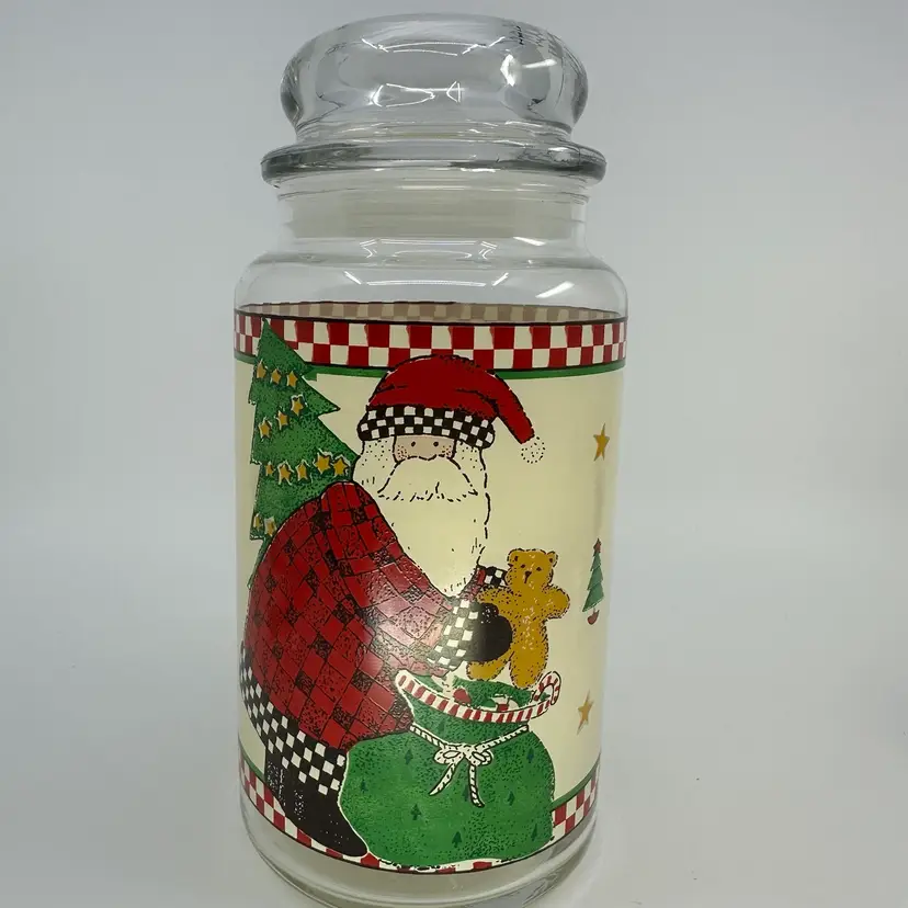 Anchor Hocking Debbie Mumm Christmas Santa Glass Lidded Apothecary Jar