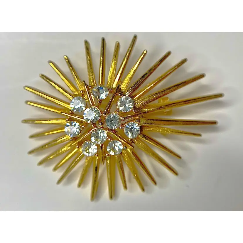 Vintage Signed Usner Gold-Tone & Rhinestones Starburst Brooch - MCM Design