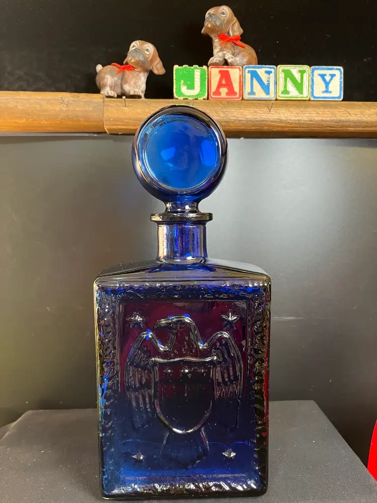 1969 J.W. Dant American Legion 50th Anniversary Commemorative Cobalt Blue Decanter